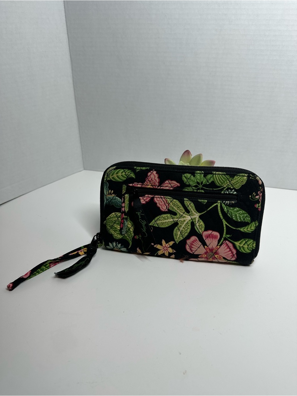 Vera Bradley Black Floral Zip Wallet with Pink & Green Accents